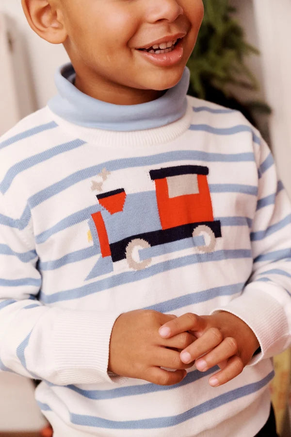 Isaac's Intarsia Sweater Barrington Blue Stripe with Train