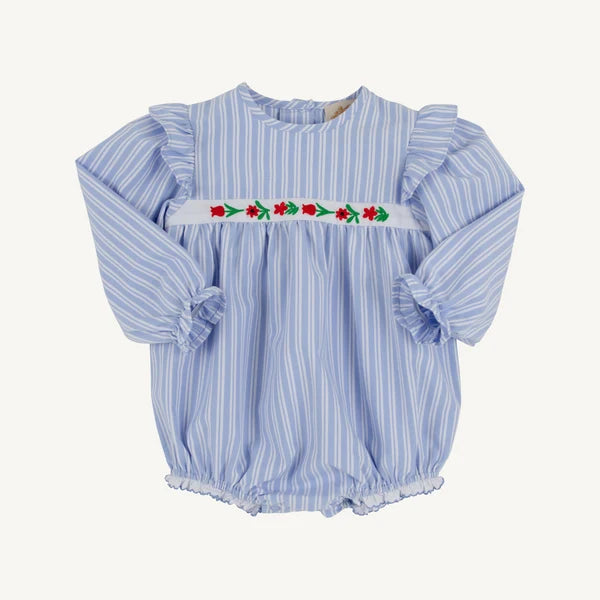 Long Sleeve Ruehling Ruffle Bubble Park City Periwinkle Ticking Stripe & Worth Avenue White