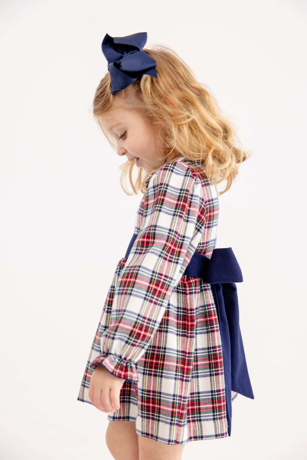Long Sleeve Cindy Lou Sash Dress- Woven Yarn Paris Pike Plaid Nantucket Navy