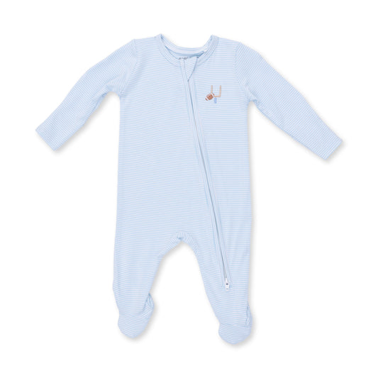 Football Blue Micro Stripe 2 Way Zipper Footie