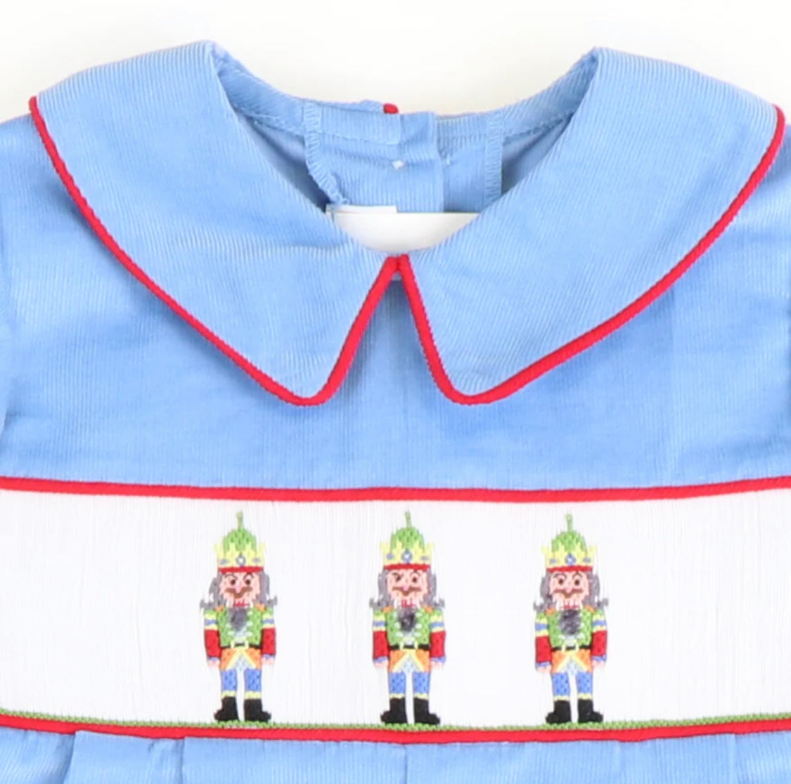 Smocked Nutcracker Collared Boy Long Bubble - Light Blue Corduroy