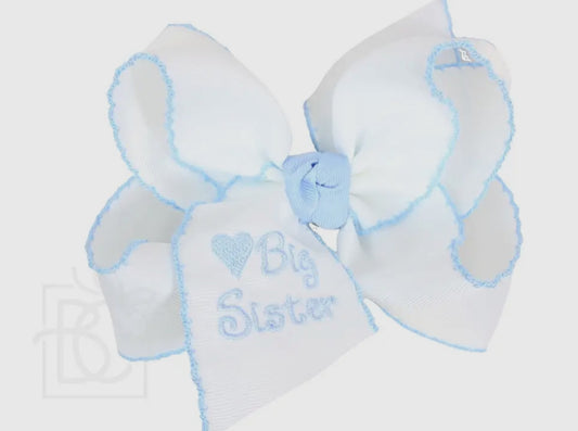 Big Sister Embroidered White Bow w/Light Blue Crochet Edge 5.5”