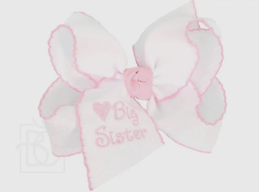 Big Sister Embroidered White Bow w/Light Pink Crochet Edge 5.5”
