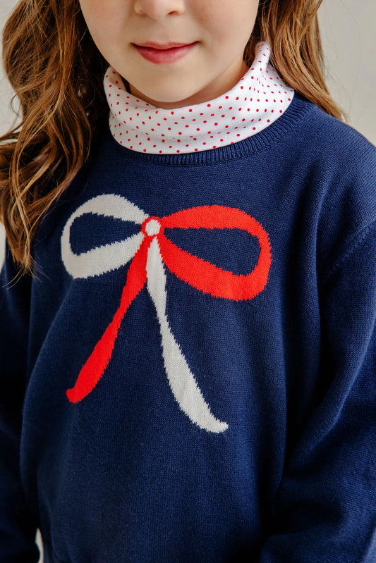 Isabelle's Intarsia Sweater
Nantucket Navy with Richmond Red & Worth Avenue White Bow Intarsia