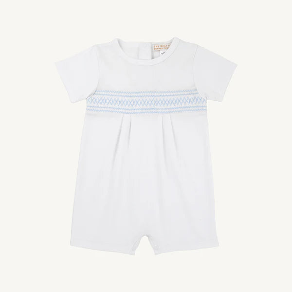 Sebastian Smocked Romper Worth Avenue with Beale Street Blue with Sarasota Sky