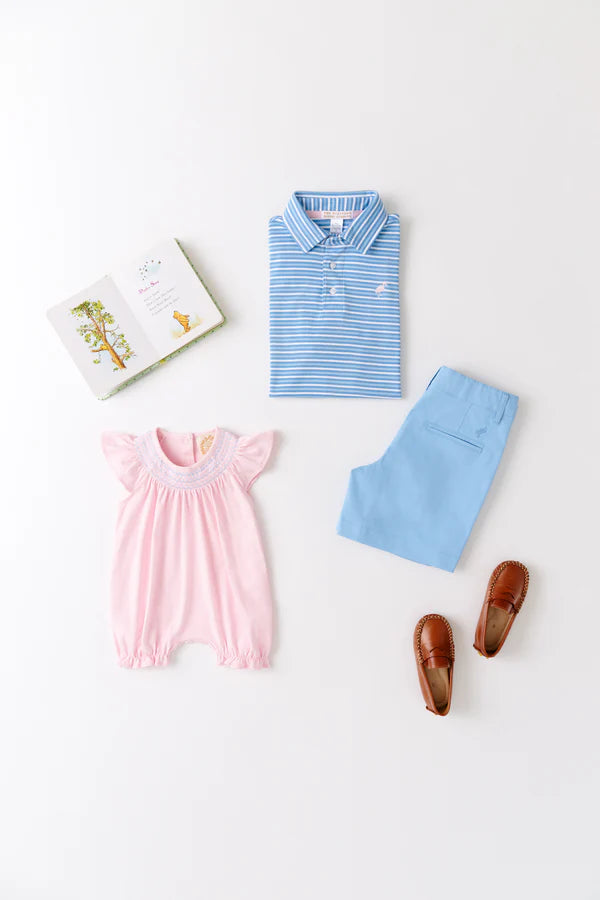 Sandy Smocked Romper Palm Beach Pink with Beale Street Blue & Worth Avenue White