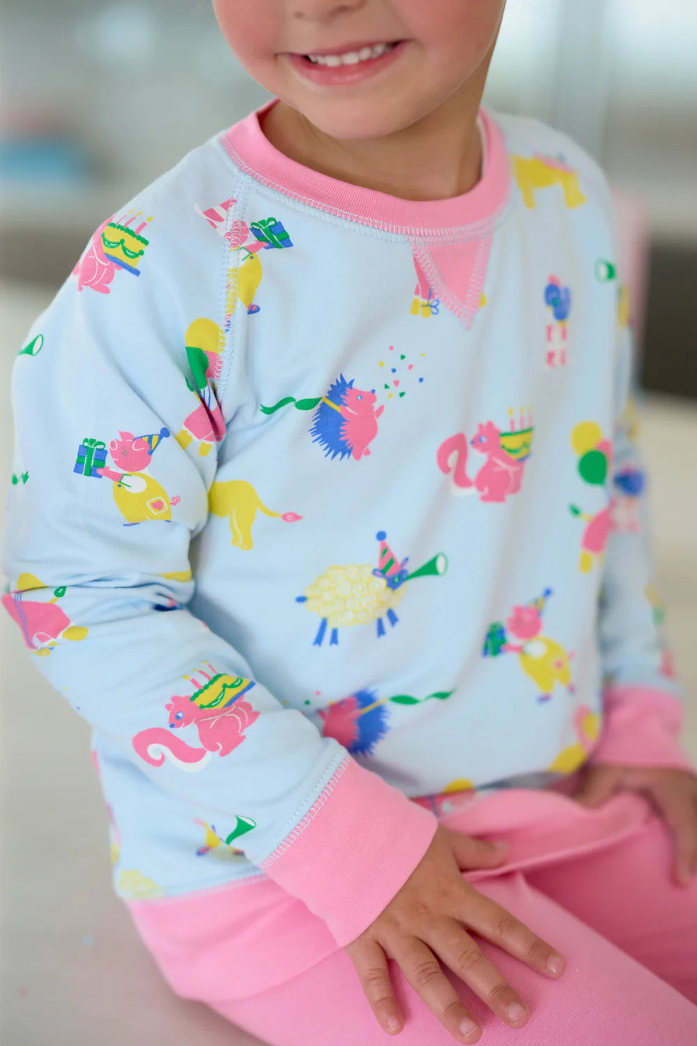 Cassidy Comfy Crewneck Girl Fit-Party on Party Animal, Hamptons Hot Pink