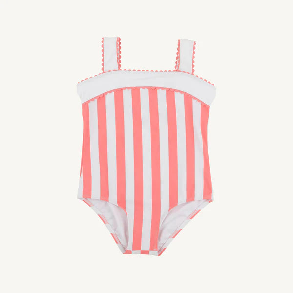 Shannon Bow Bathing Suit Caicos Cabana Stripe (Parrot Cay Coral) with Worth Avenue White