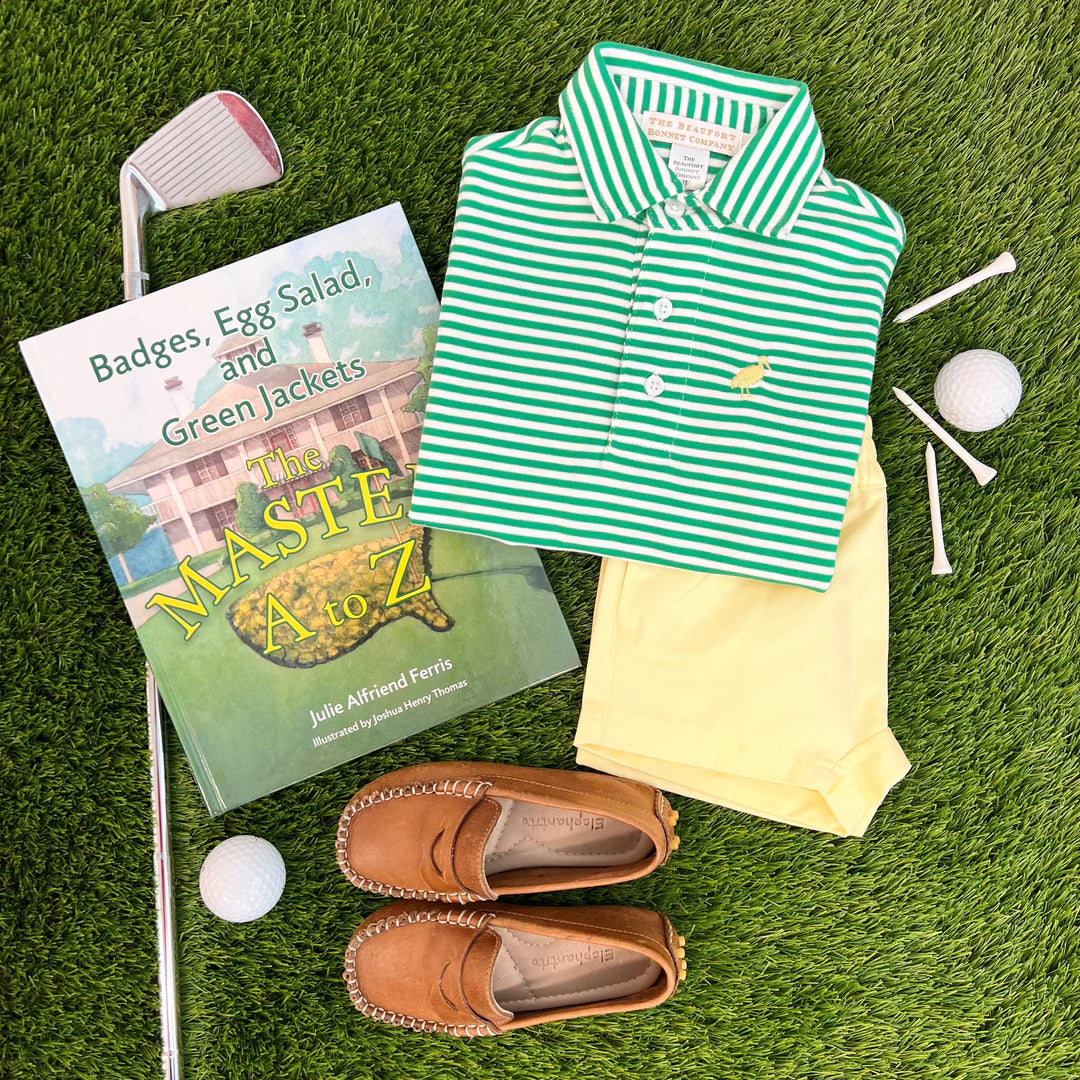 Prim & Proper Polo & Onesie
Kiawah Kelly Green Stripe With Bellport Butter Yellow Stork