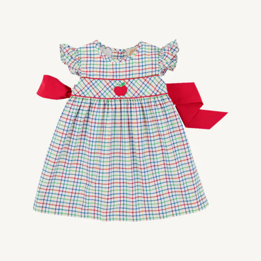Addie Angel Sleeve Dress Kindness Wins Windowpane with Richmond Red and Apple Applique