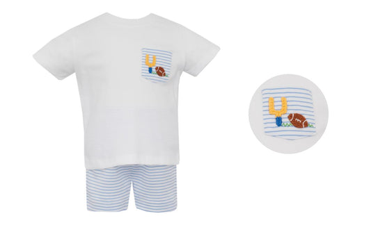 Football Blue Knit Stripe Short Set