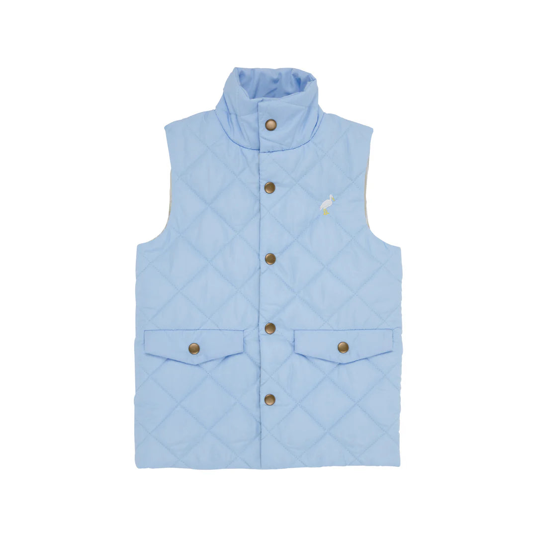 Vaughn Vest
Beale Street Blue with Keeneland Khaki Stripe Lining with Brass Snaps & Multicolor Stork