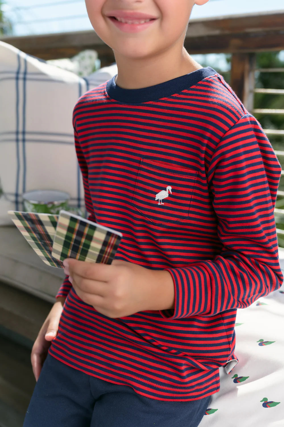 Long Sleeve Carter Crewneck Richmond Red & Nantucket Navy Stripe with Palmetto Pearl Stork