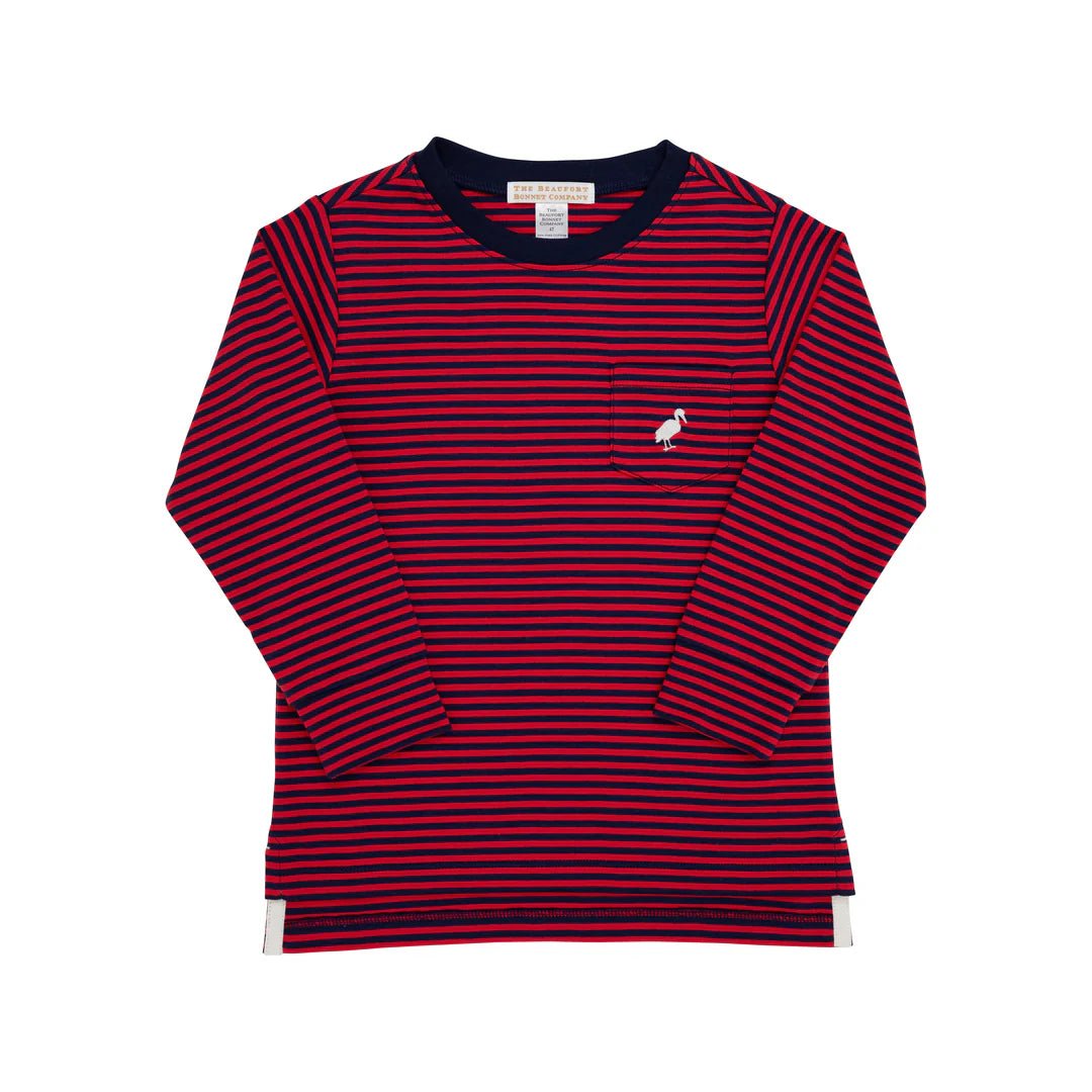 Long Sleeve Carter Crewneck Richmond Red & Nantucket Navy Stripe with Palmetto Pearl Stork