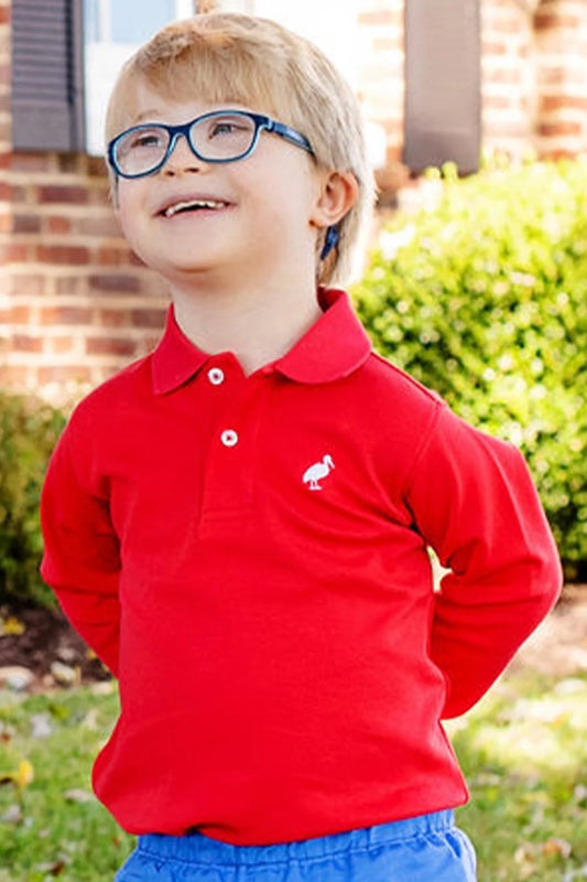 Long Sleeve Prim & Proper Polo & Onesie Richmond Red with Worth Avenue White Stork