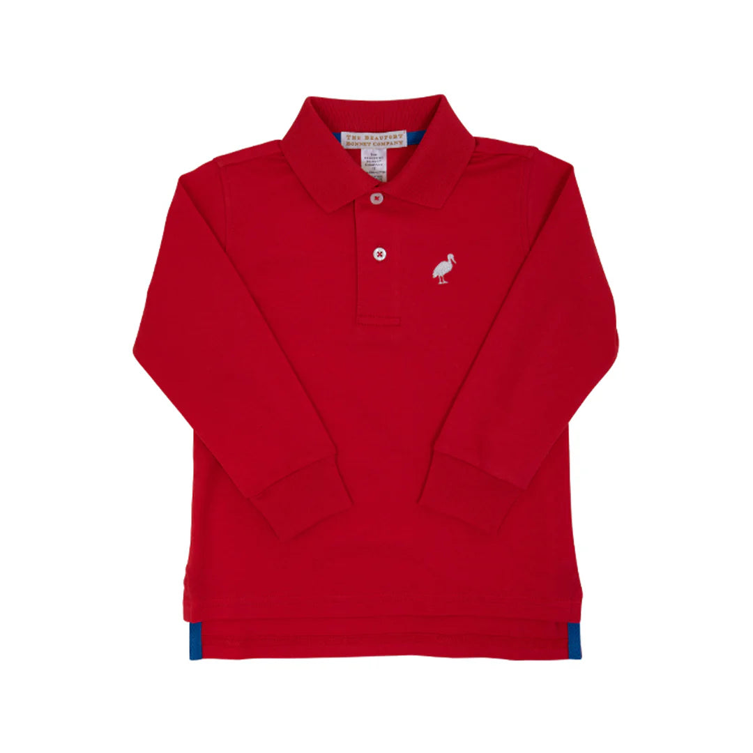 Long Sleeve Prim & Proper Polo & Onesie Richmond Red with Worth Avenue White Stork