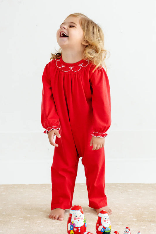 Long Sleeve Bridget Romper Richmond Red with Worth Avenue White Bow Smocking