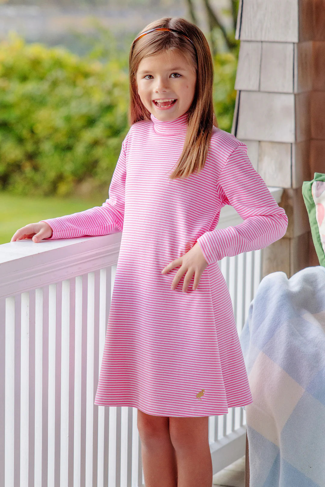 Tatum's Turtleneck Dress Romany Rose Stripe with Metallic Gold Stork