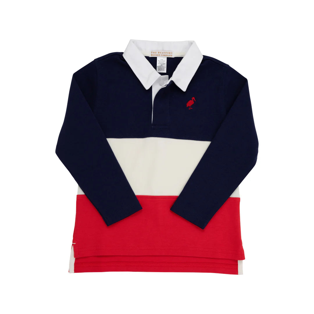 Rollins Rugby Shirt Nantucket Navy, Palmetto Pearl, and Richmond Red with Richmond Red Stork