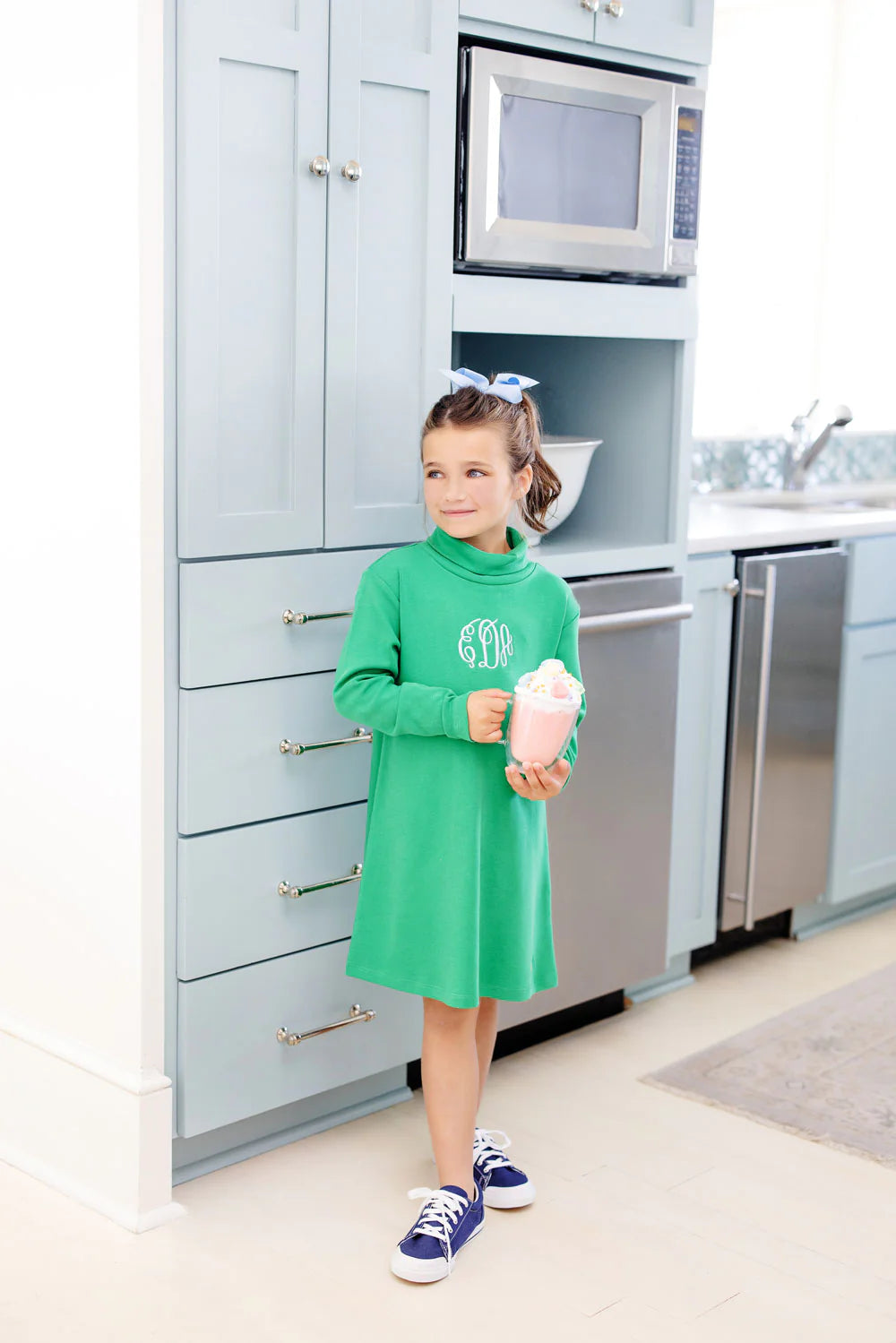 Tatum's Turtleneck Dress
Kiawah Kelly Green With Metallic Gold Stork