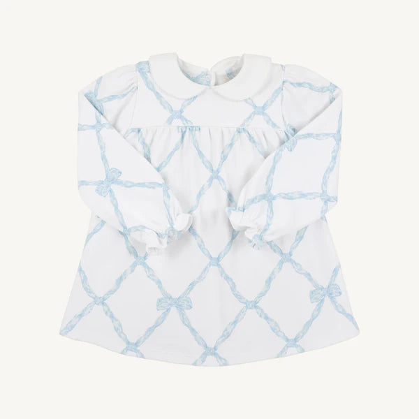 Long Sleeve Holly Day Dress Belle Meade Bow (Buckhead Blue) with Worth Avenue White