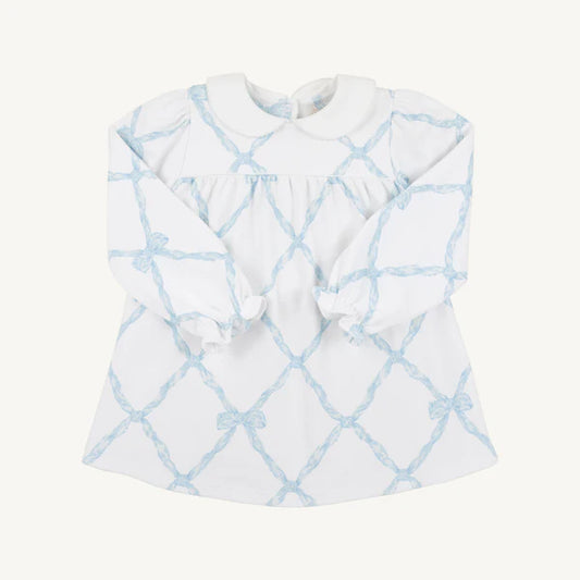 Long Sleeve Holly Day Dress Belle Meade Bow (Buckhead Blue) with Worth Avenue White