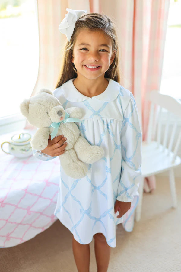 Long Sleeve Holly Day Dress Belle Meade Bow (Buckhead Blue) with Worth Avenue White