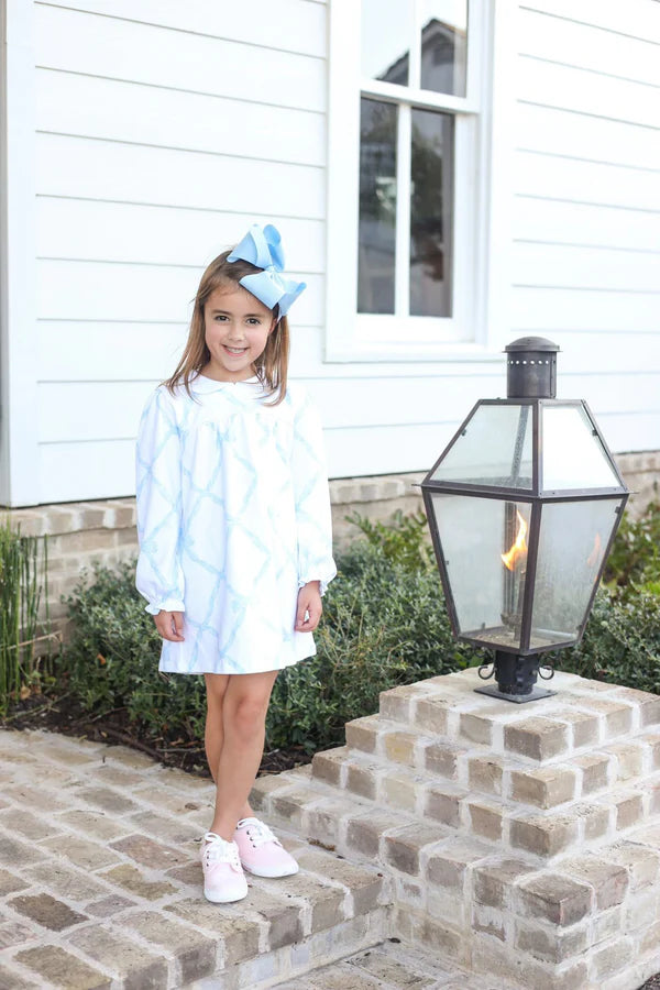 Long Sleeve Holly Day Dress Belle Meade Bow (Buckhead Blue) with Worth Avenue White