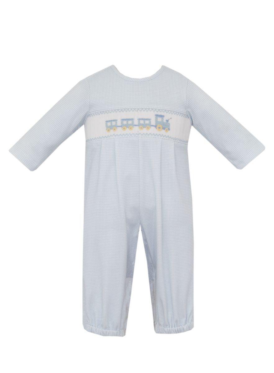 Train Light Blue Check Romper