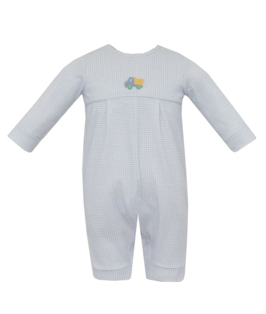 Dump Truck Light Blue Knit Gingham Boys Romper