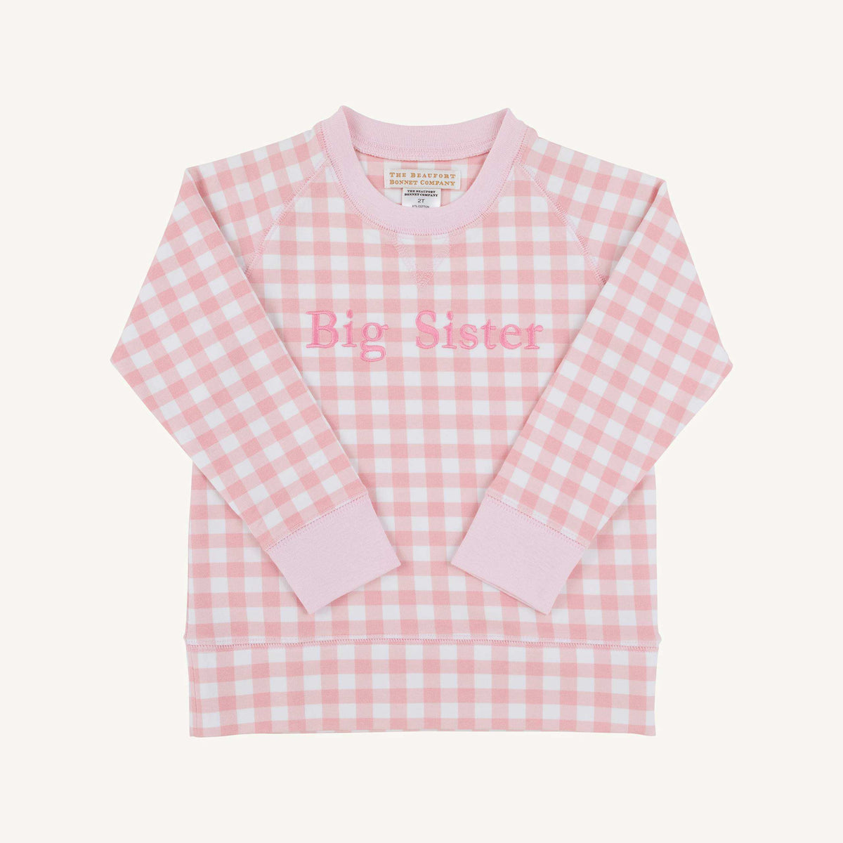 Cassidy Comfy Crewneck Girls French Terry Palm Beach Pink Gingham Palm Beach Pink Hamptons Hot Pink Big Sister