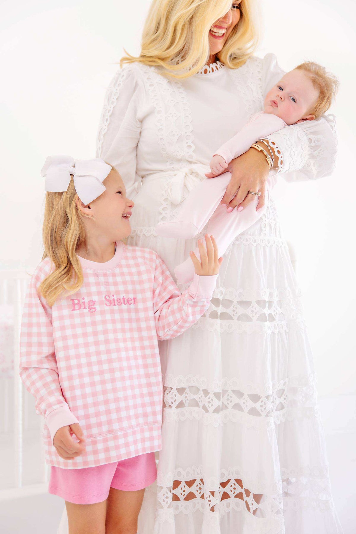 Cassidy Comfy Crewneck Girls French Terry Palm Beach Pink Gingham Palm Beach Pink Hamptons Hot Pink Big Sister