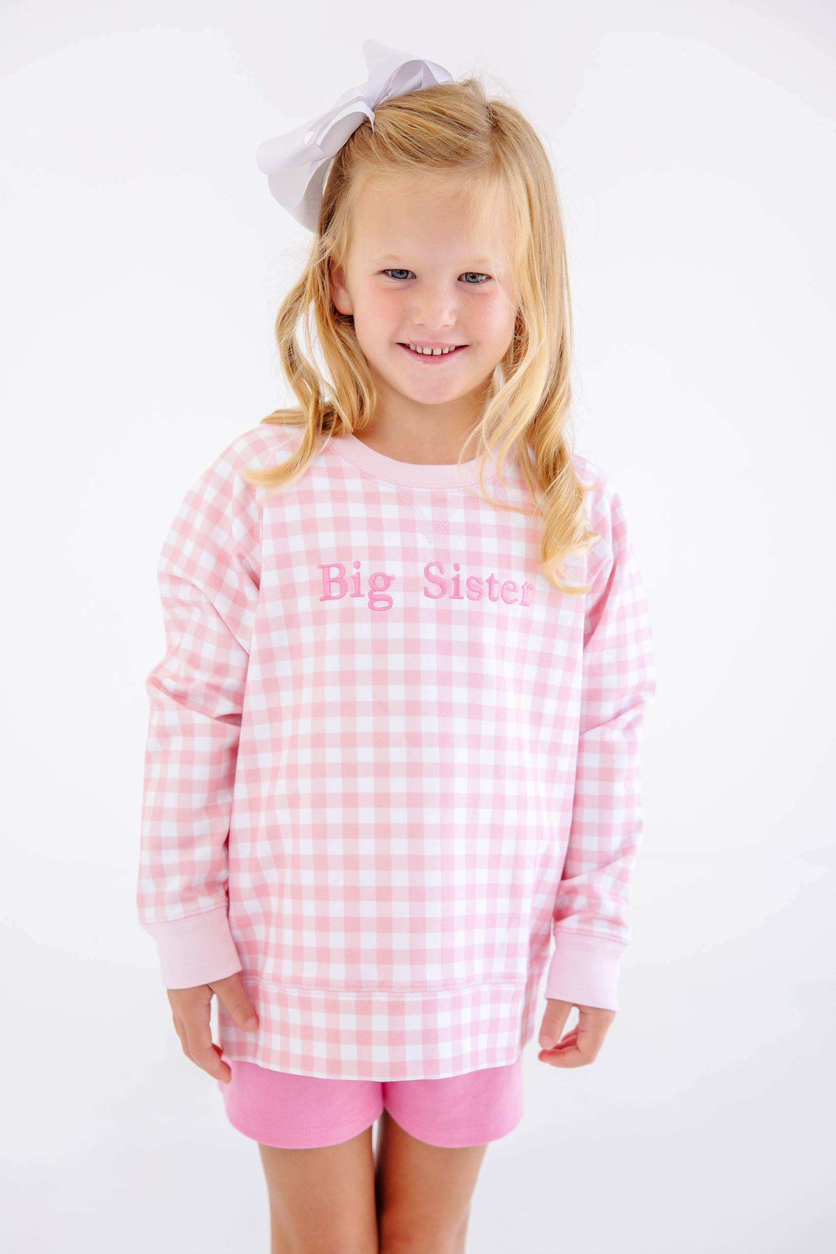 Cassidy Comfy Crewneck Girls French Terry Palm Beach Pink Gingham Palm Beach Pink Hamptons Hot Pink Big Sister
