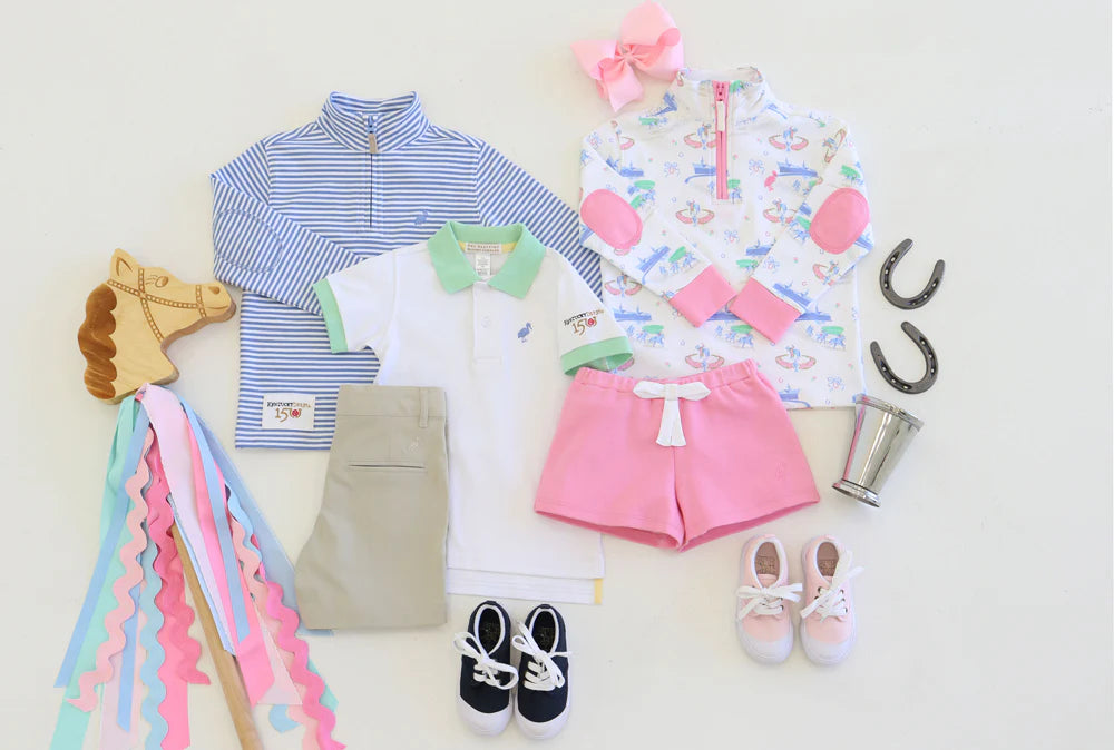 Prim & Proper Polo & Onesie Worth Avenue White And Grace Bay Green With Park City Periwinkle Stork