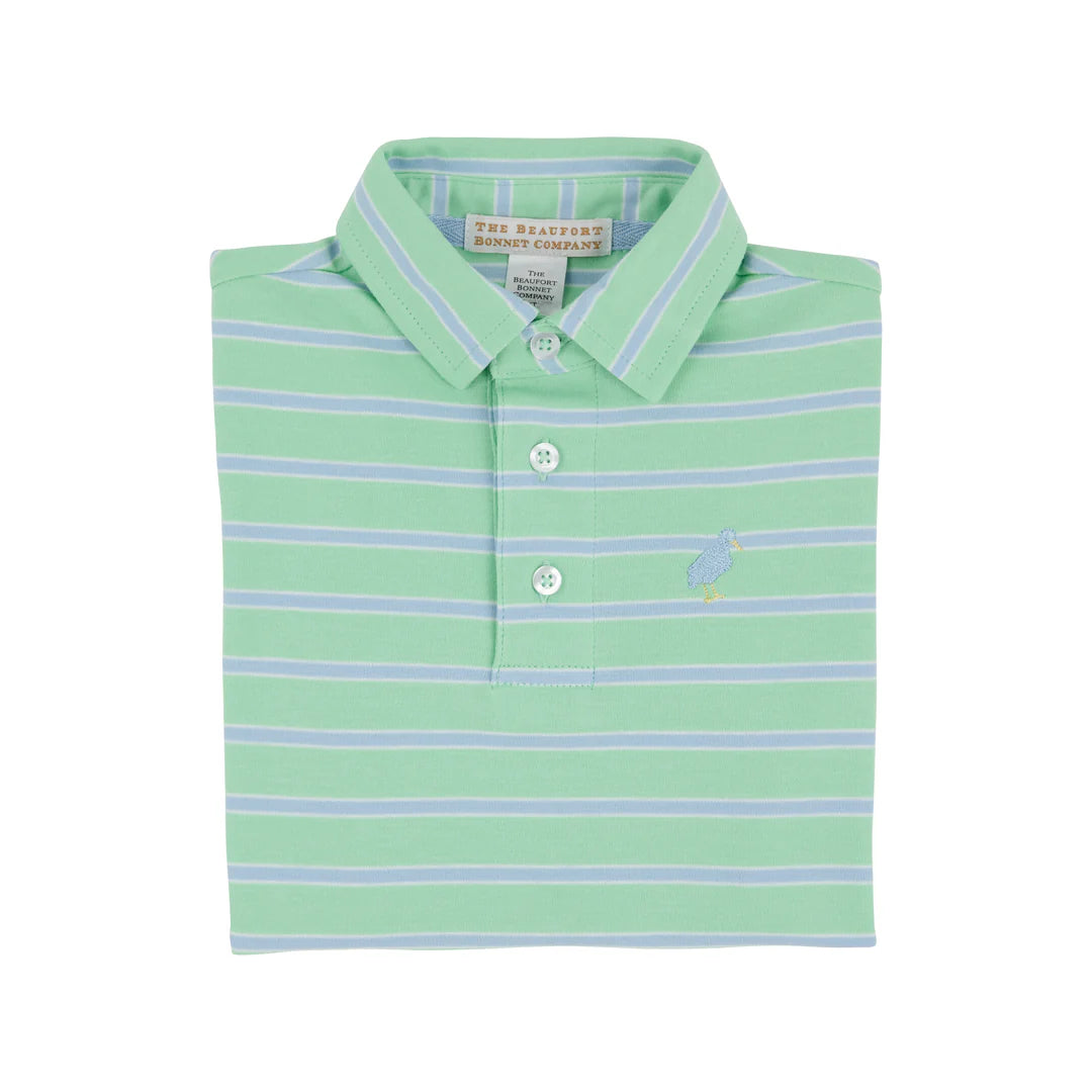 Prim & Proper Polo & Onesie Grace Bay Green, Beale Street Blue, & Worth Avenue White Stripe with Beale Street Blue Stork