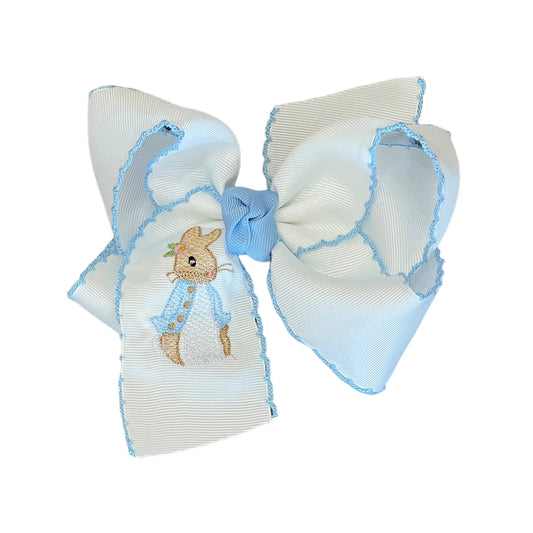 Peter Rabbit on Blue Crochet Edge Bow 5.5”