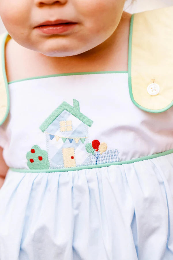 Bingham Bubble Worth Avenue White, Grace Bay Green, Buckhead Blue, and Lake Worth Yellow with House Embroidery