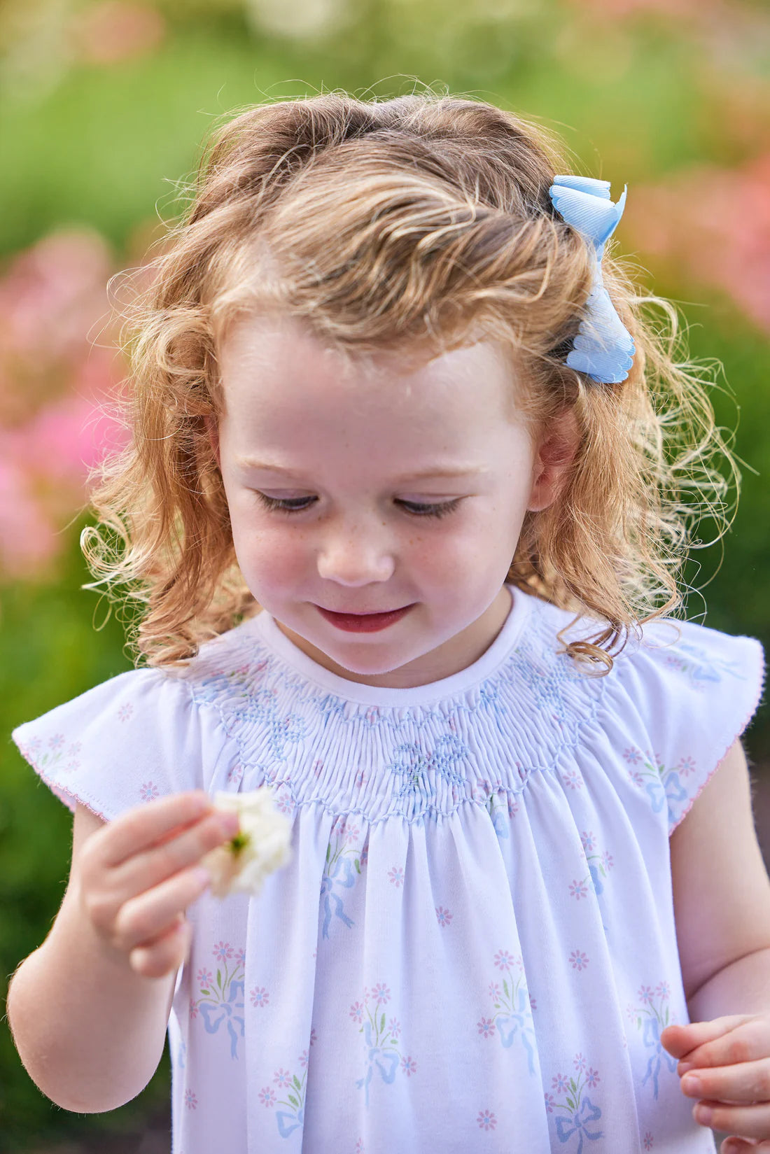 Smocked Bishop Dress - Blue Bow Bouquet