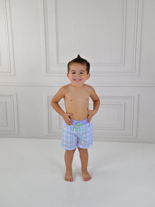 Boy Swim Short-Springtime Tartan Plaid